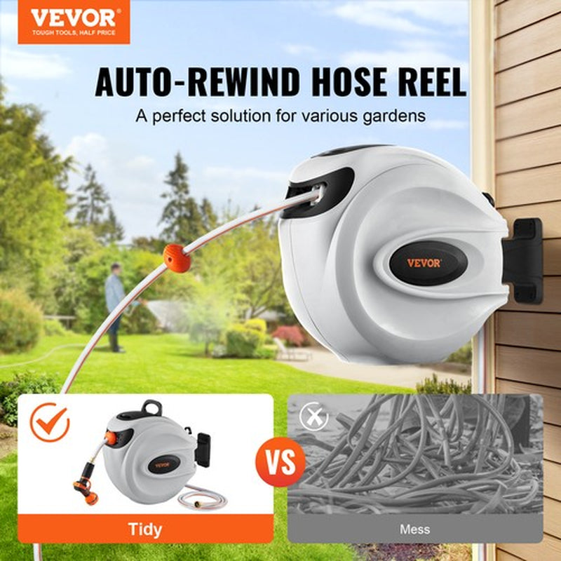 VEVOR Retractable Hose Reel Water Hose Reel 65'X5/8" 180° Swivel Wall-Mounted