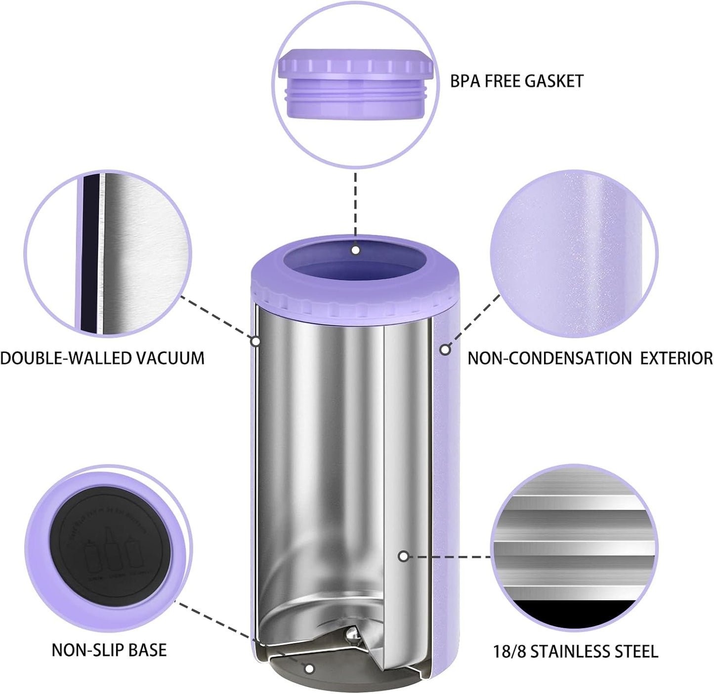 3 in 1 Slim Can Cooler for 12 OZ Skinny Can, Regular Can & Beer Bottle - Keep Cold for 6 Hours - Double Walled Insulated Stainless Steel Vacuum Beverage Can Insulator (Lavender Purple)