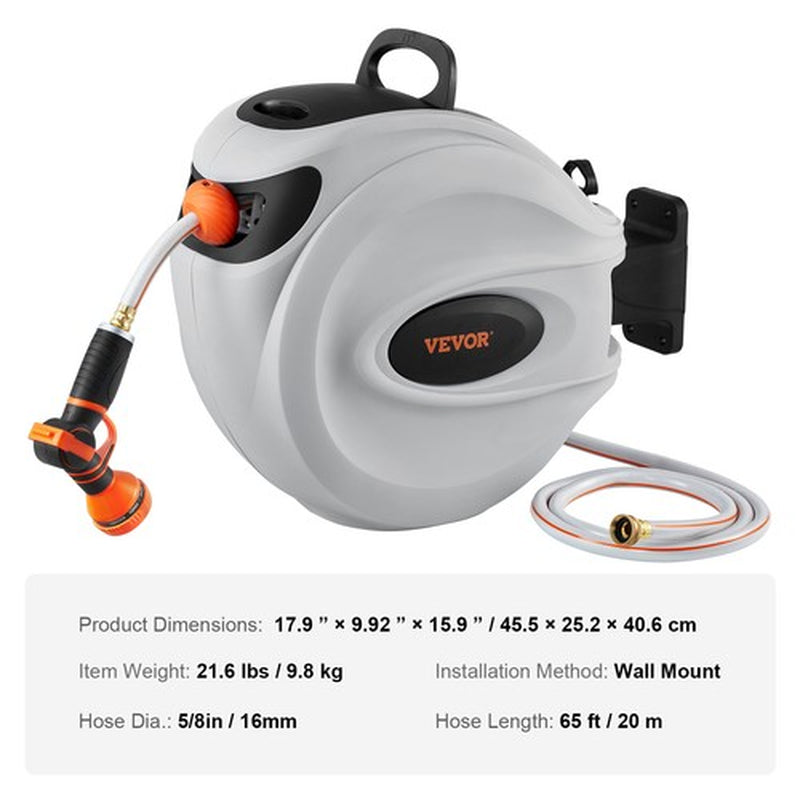 VEVOR Retractable Hose Reel Water Hose Reel 65'X5/8" 180° Swivel Wall-Mounted