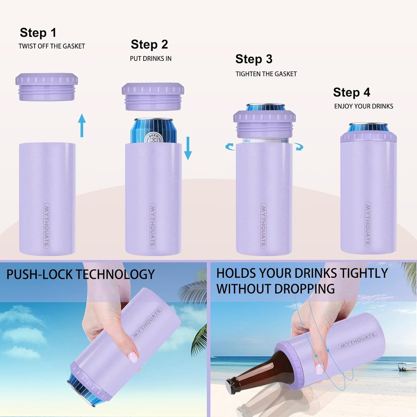 3 in 1 Slim Can Cooler for 12 OZ Skinny Can, Regular Can & Beer Bottle - Keep Cold for 6 Hours - Double Walled Insulated Stainless Steel Vacuum Beverage Can Insulator (Lavender Purple)