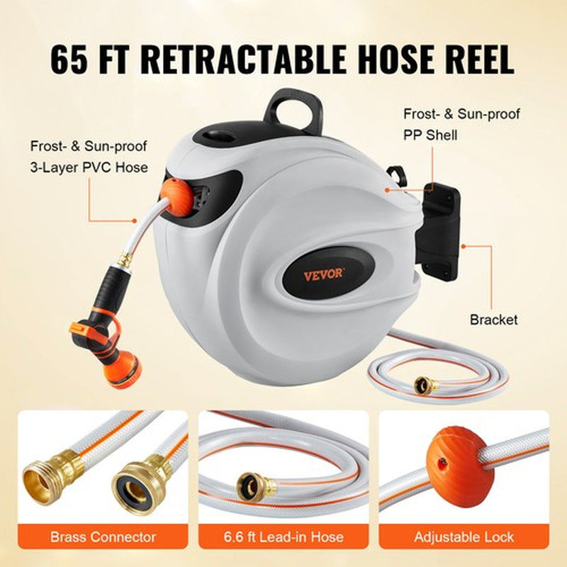 VEVOR Retractable Hose Reel Water Hose Reel 65'X5/8" 180° Swivel Wall-Mounted