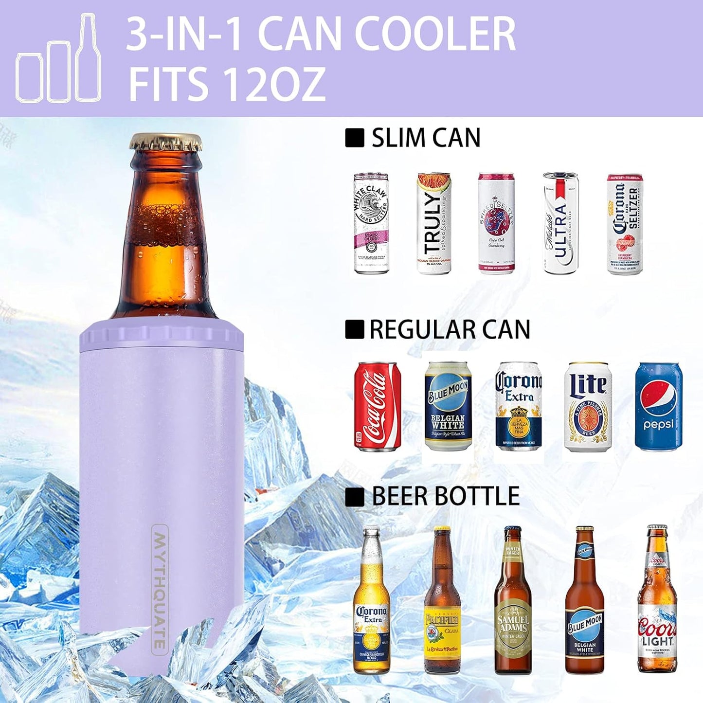 3 in 1 Slim Can Cooler for 12 OZ Skinny Can, Regular Can & Beer Bottle - Keep Cold for 6 Hours - Double Walled Insulated Stainless Steel Vacuum Beverage Can Insulator (Lavender Purple)