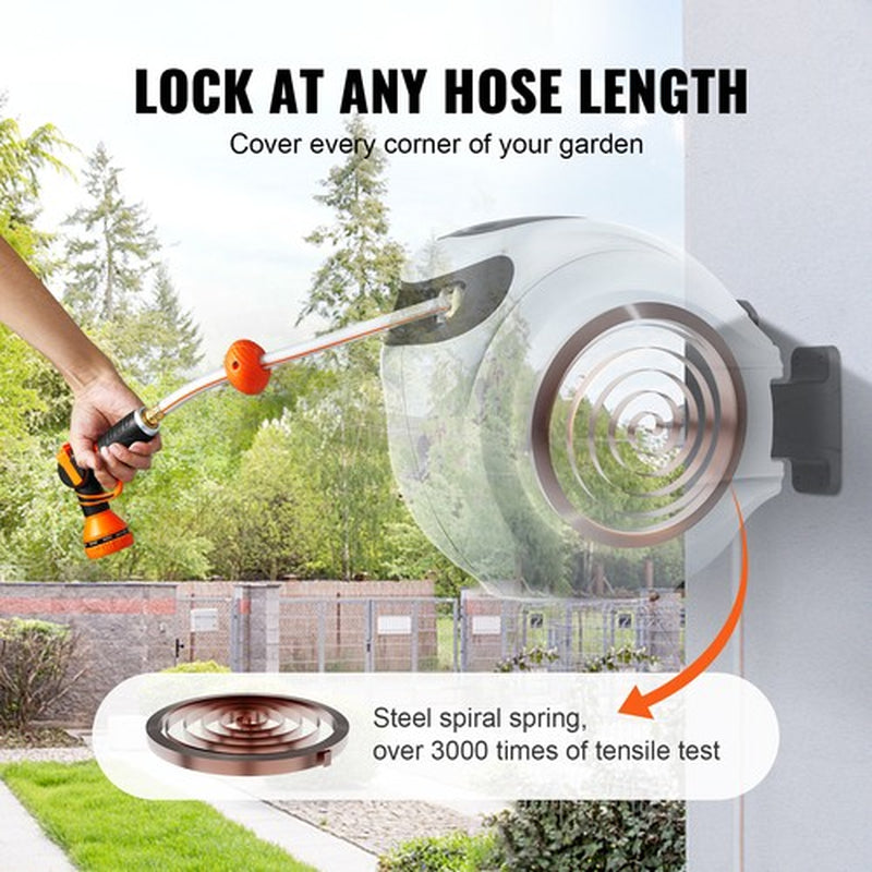 VEVOR Retractable Hose Reel Water Hose Reel 65'X5/8" 180° Swivel Wall-Mounted