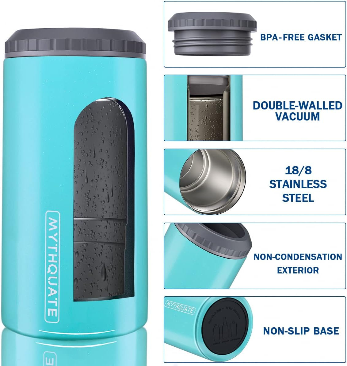 3 in 1 Slim Can Cooler for 12 OZ Skinny Can, Standard Can & Beer Bottle - Keep Cold for 6 Hours - Double Walled Insulated Stainless Steel Vacuum Beverage Can Insulator (Aqua)