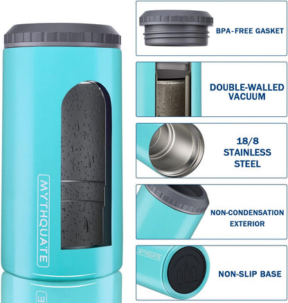 3 in 1 Slim Can Cooler for 12 OZ Skinny Can, Standard Can & Beer Bottle - Keep Cold for 6 Hours - Double Walled Insulated Stainless Steel Vacuum Beverage Can Insulator (Aqua)