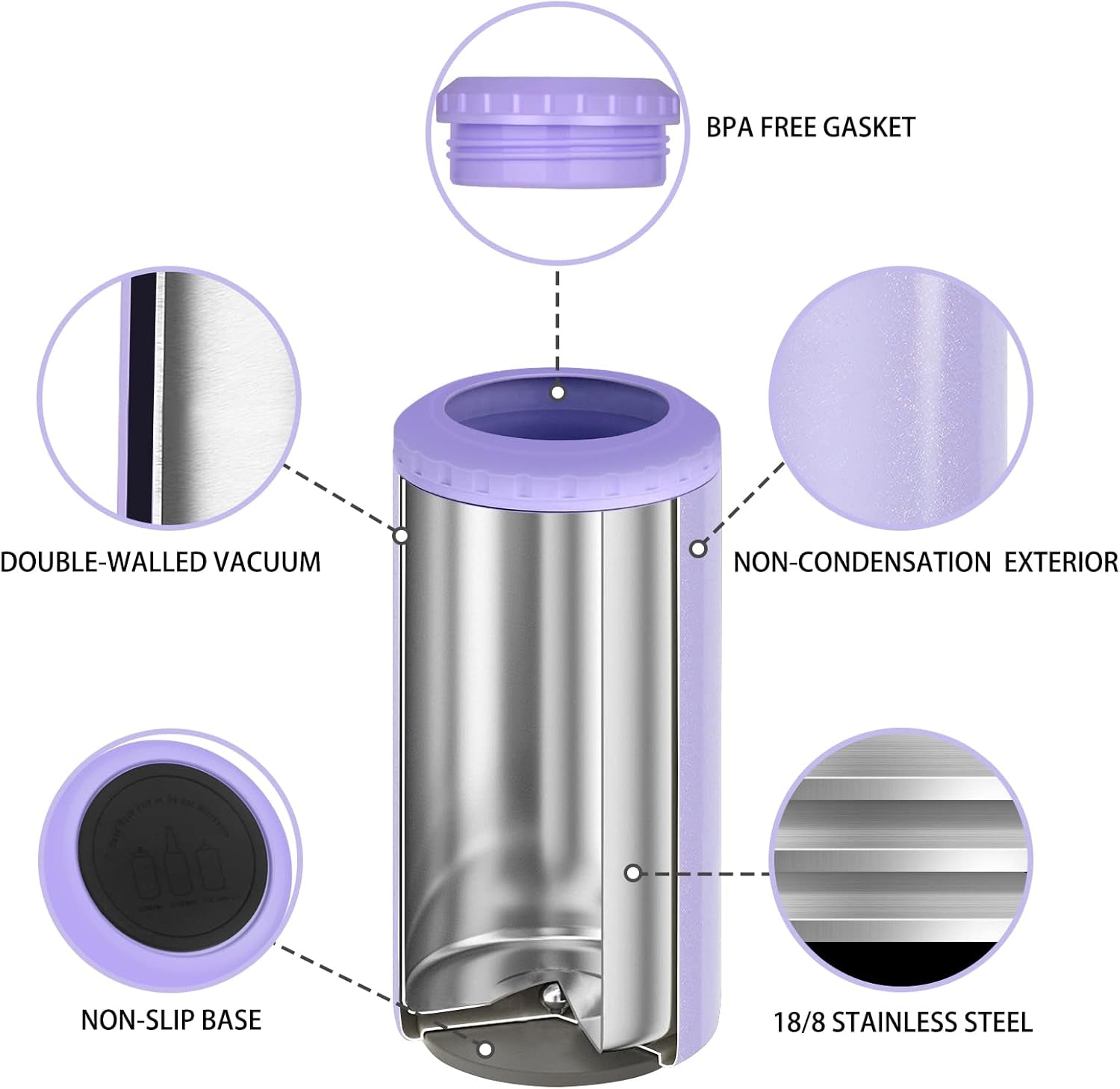 3 in 1 Slim Can Cooler for 12 OZ Skinny Can, Regular Can & Beer Bottle - Keep Cold for 6 Hours - Double Walled Insulated Stainless Steel Vacuum Beverage Can Insulator (Lavender Purple)