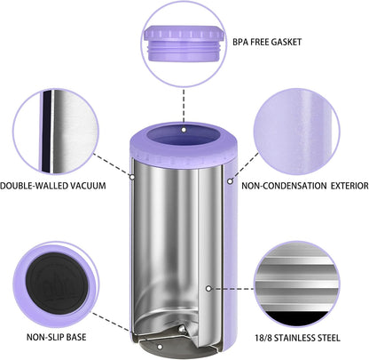 3 in 1 Slim Can Cooler for 12 OZ Skinny Can, Regular Can & Beer Bottle - Keep Cold for 6 Hours - Double Walled Insulated Stainless Steel Vacuum Beverage Can Insulator (Lavender Purple)