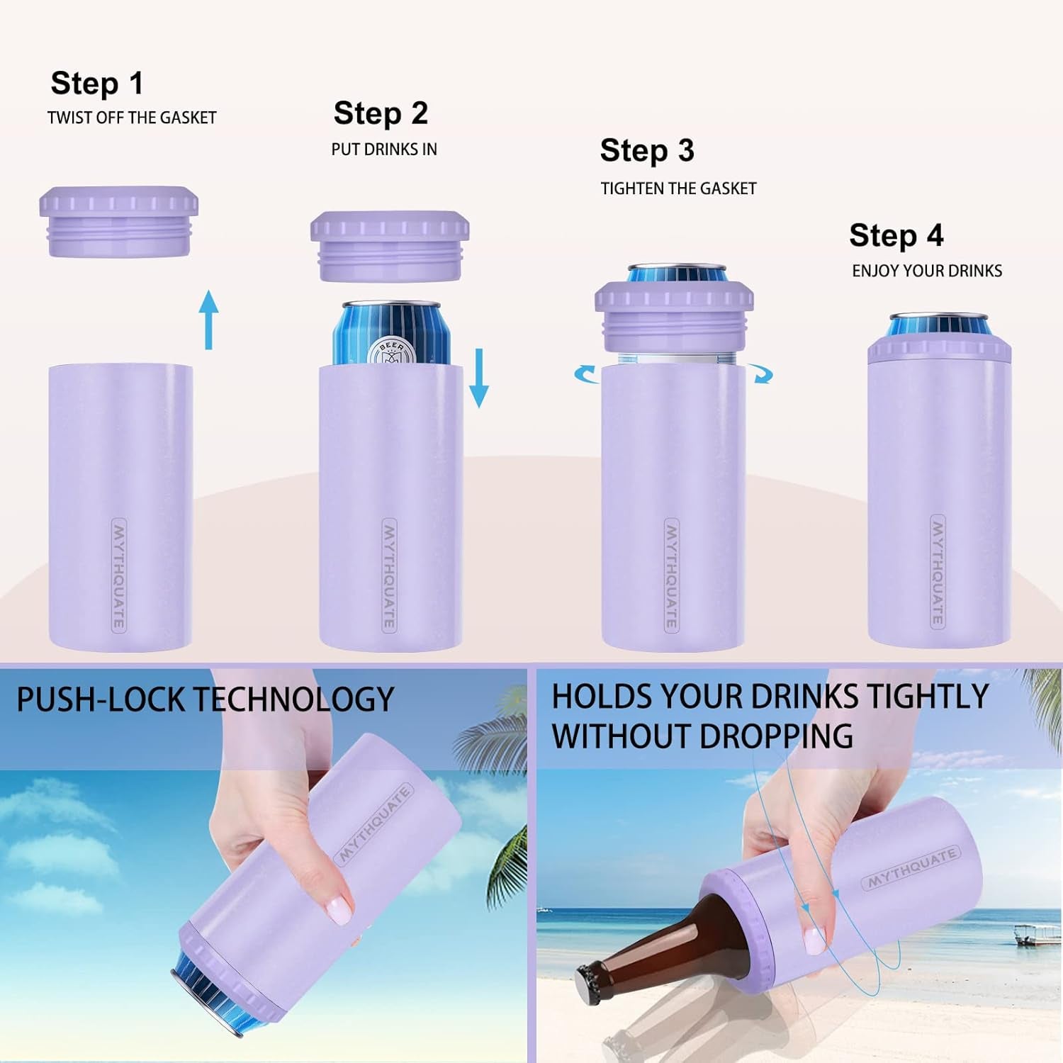 3 in 1 Slim Can Cooler for 12 OZ Skinny Can, Regular Can & Beer Bottle - Keep Cold for 6 Hours - Double Walled Insulated Stainless Steel Vacuum Beverage Can Insulator (Lavender Purple)