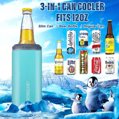 3 in 1 Slim Can Cooler for 12 OZ Skinny Can, Standard Can & Beer Bottle - Keep Cold for 6 Hours - Double Walled Insulated Stainless Steel Vacuum Beverage Can Insulator (Aqua)
